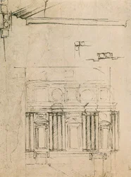 Studie für die Fassade des Ricetto der Laurentianischen Bibliothek, Zeichnung von Michelangelo. Casa Buonarroti, Florenz